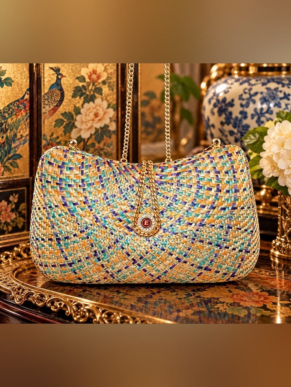 Structured Multi-colored Woven Handbag EUC